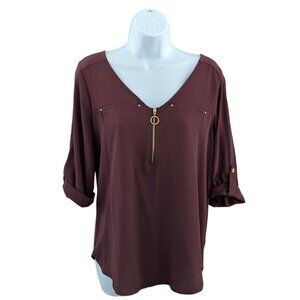 Tempted Los Angeles Women’s Blouse - Burgundy / Wine - roll up buckle tab sleeve